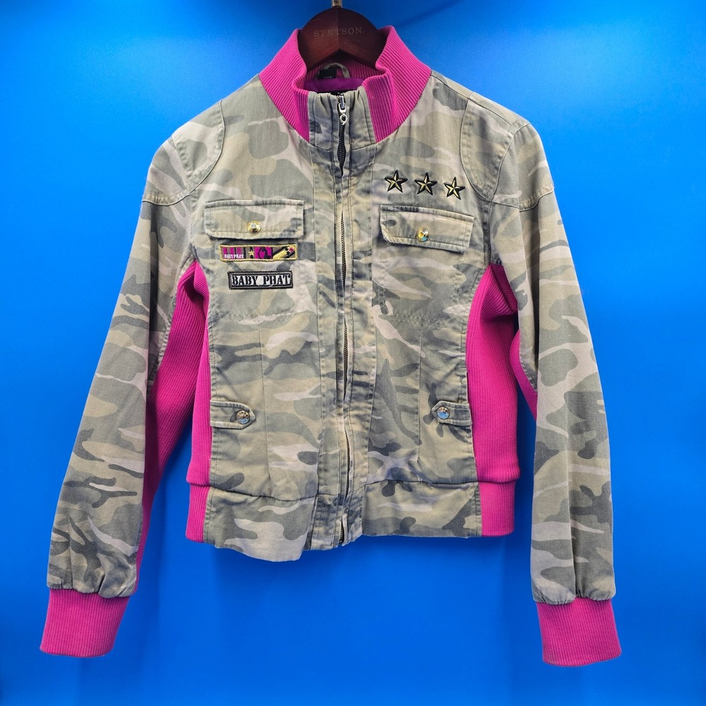 Baby Phat Y2K Camo Hot Pink Utility Jacket Rhinestone Logo Medium